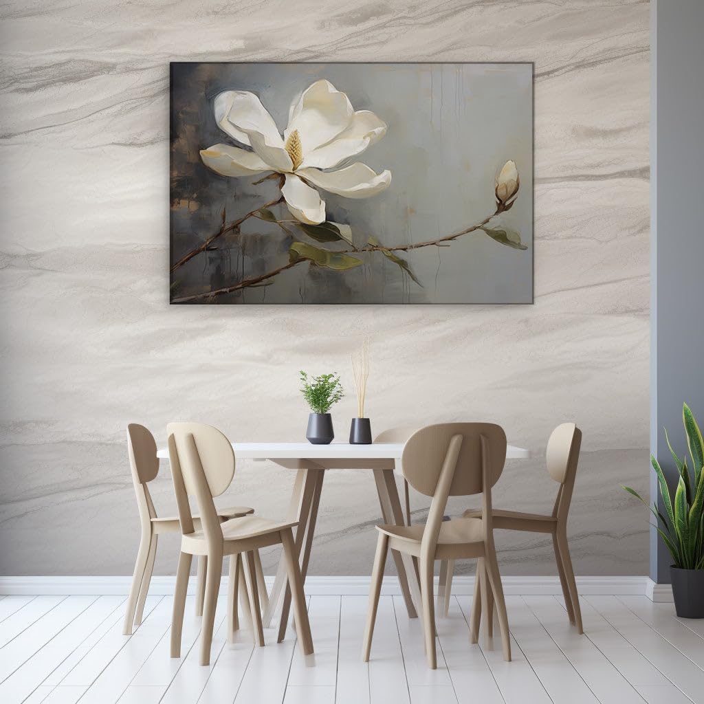 Canvas for Living room. Embracing Simplicity: The Contrast of Blossomed Magnolia and Bud Against Gray Serenity, 27 x 18 inch Canvas Wall Art - Contemporary Masterpieces - Modern Home Decor