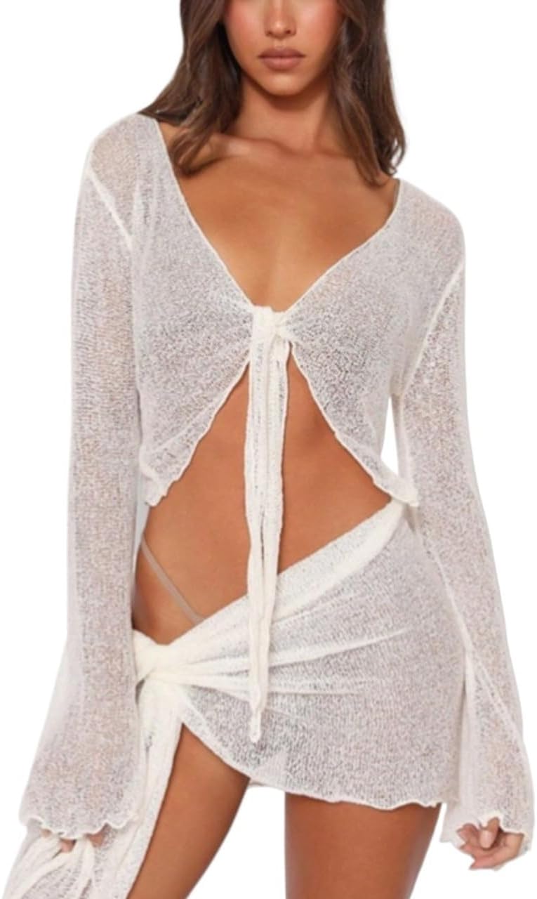 swimsuit coverup for women Long Sleeve Sexy Front Knot Cover Up And Mini Skirt