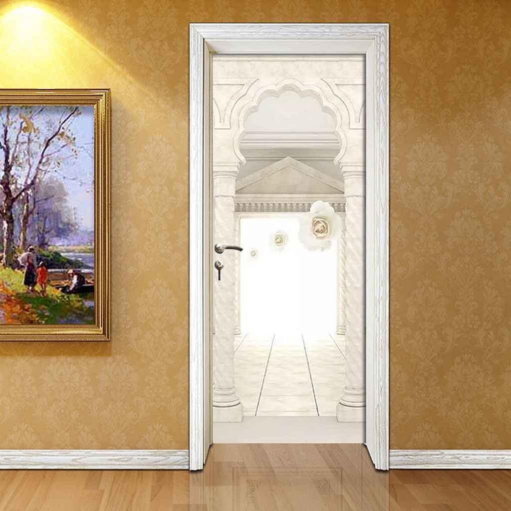 Autocollant Mural 3D Porte Colonnes Romaines - 95x215cm - Effet Trompe-l'œil Doré Pour Salon Et Chambre