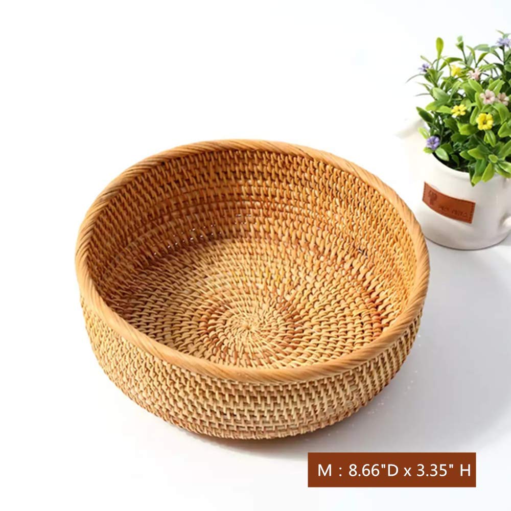 Hadewoven okrągły rattanowy kosz na owoce wiklinowy taca na żywność tkany uchwyt do przechowywania miska do jadalni, 25 cm tkany kosz na chleb miski na klucze ze ścianą 9 cm na stół, blat (średni 22 cm)