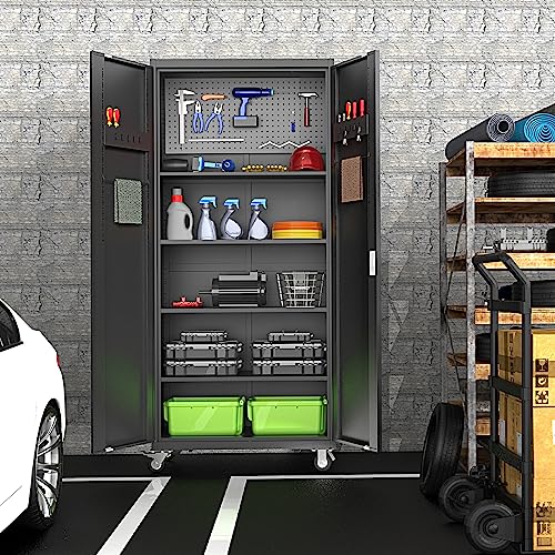 Tmgsk Tall Metal Garage Storage Cabinet With Wheels And Pegboard Rolling Steel Cabinet With Locking Doors And Adjustable Shelves 72" Utility Lockable Tool Cabinet For Basement, Warehouse, Garage #TOP1
