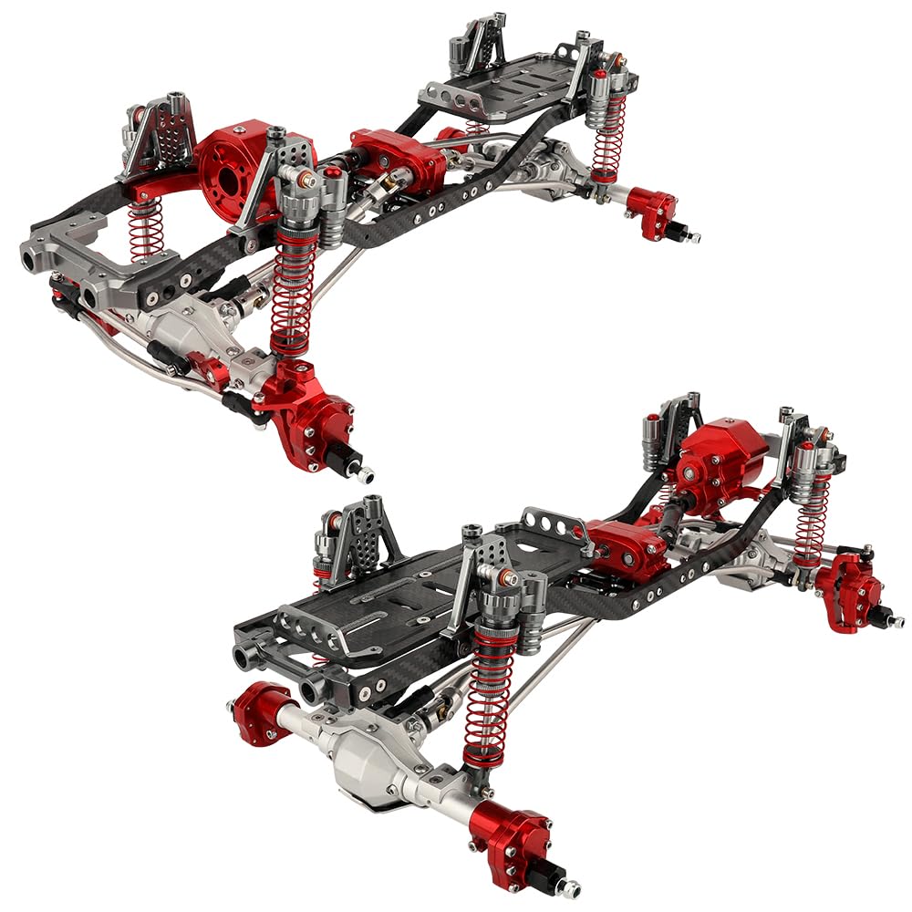 ZXYRC Carbon Fiber Chassis Frame with Prefixal Gearbox Transfer Case Portal Axle for Axial 1/10 SCX10 II RC Crawler Upgrade (Red-B)