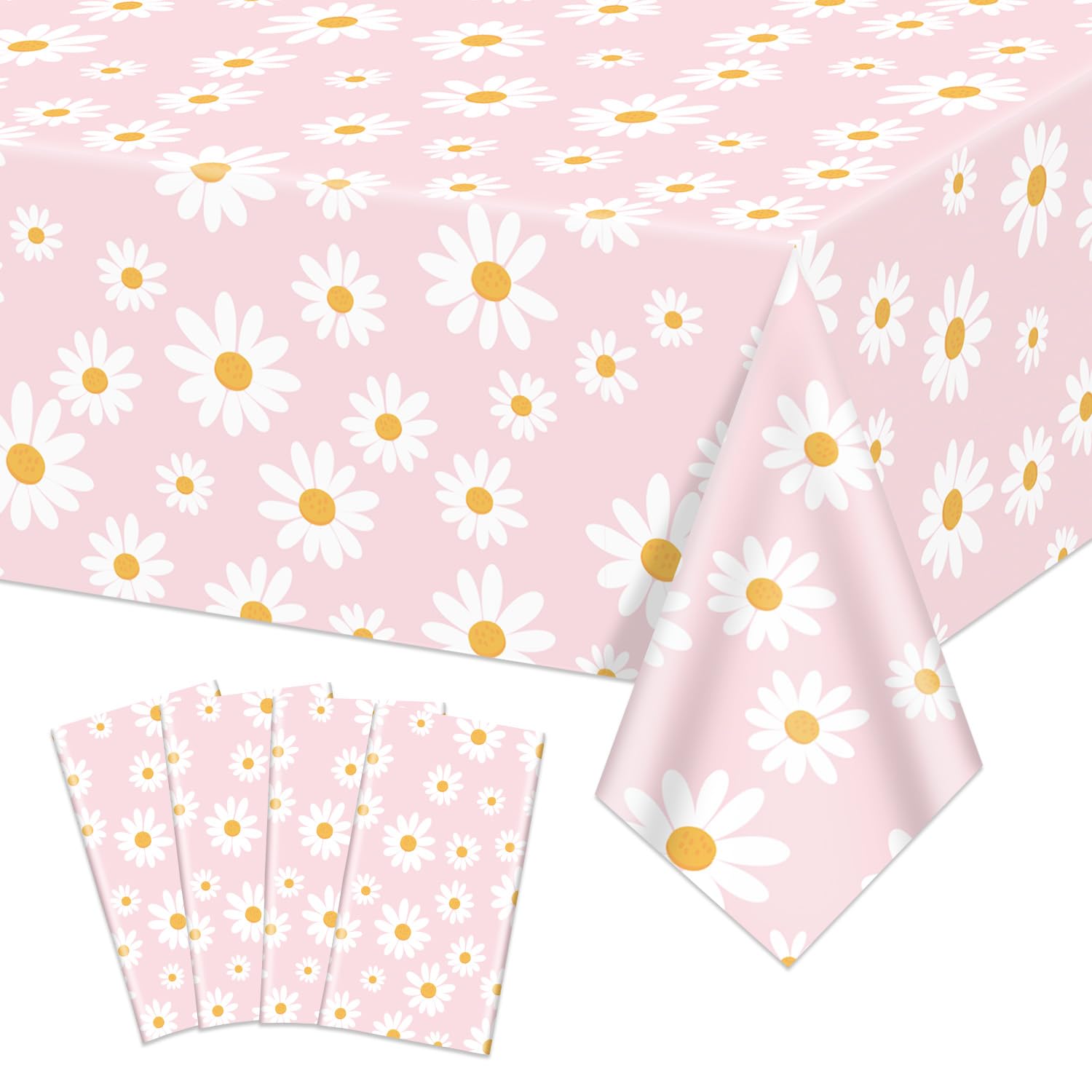 AJINXIN 4 PCS Pink Daisy Tablecloths, Boho Flowers Groovy Daisy Tablecloths for Retro Hippies Birthday Party Boho Party Decorations Baby Shower Wedding, 130 x 220 cm