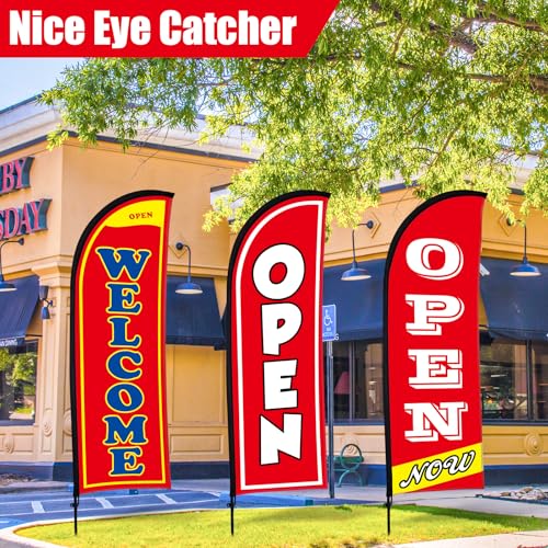 Image of Buryeah 3 Sets Now Open Feather Flag Banner for Business Advertising 7 Feet Tall Grand Opening Feather Flag Sign with Fiberglass Pole Kit Rotating Ground Spike and Portable Bag(Red)