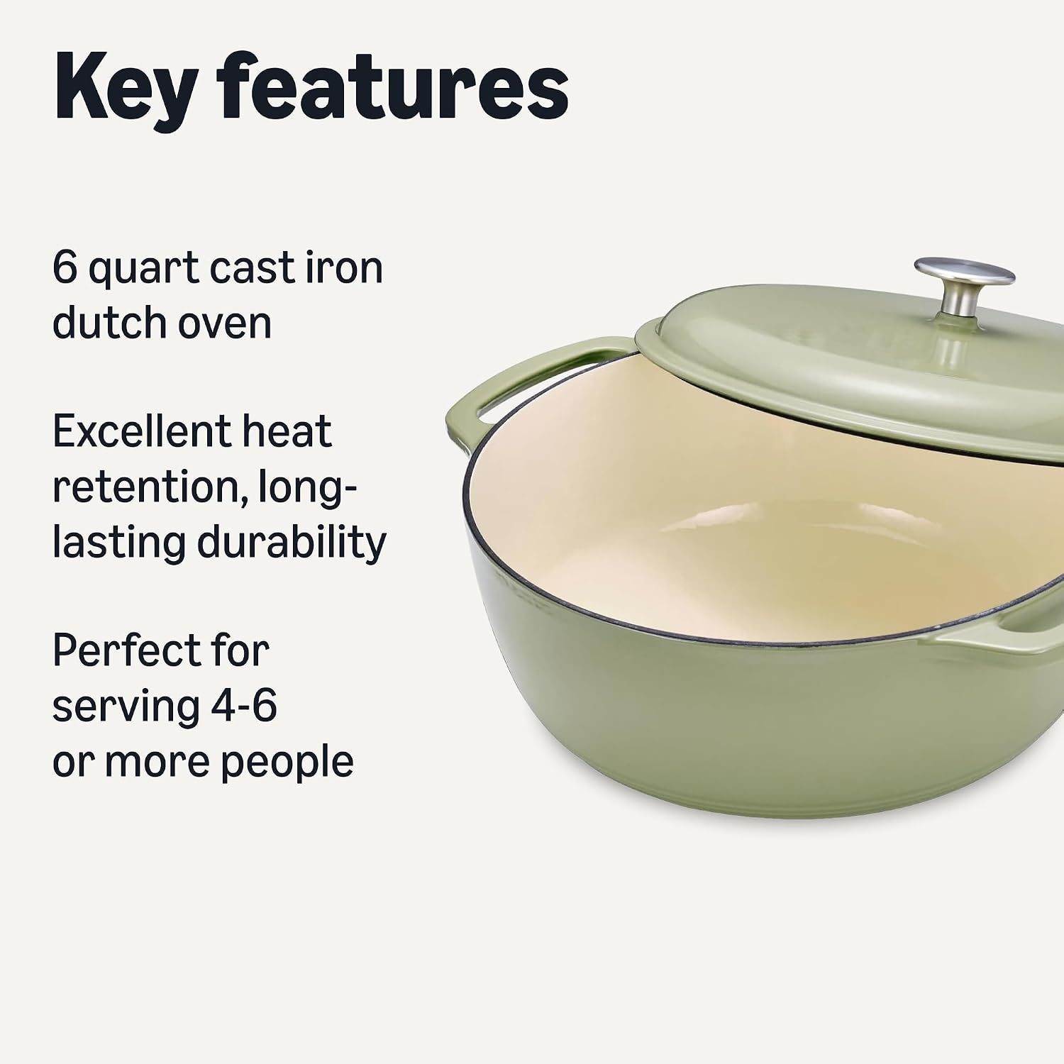 Amazon Basics Cast Iron Dutch Oven Pot with Lid, Enameled, Dual Handles, Round, Heavy-Duty, Medium, 6-Quart, Olive