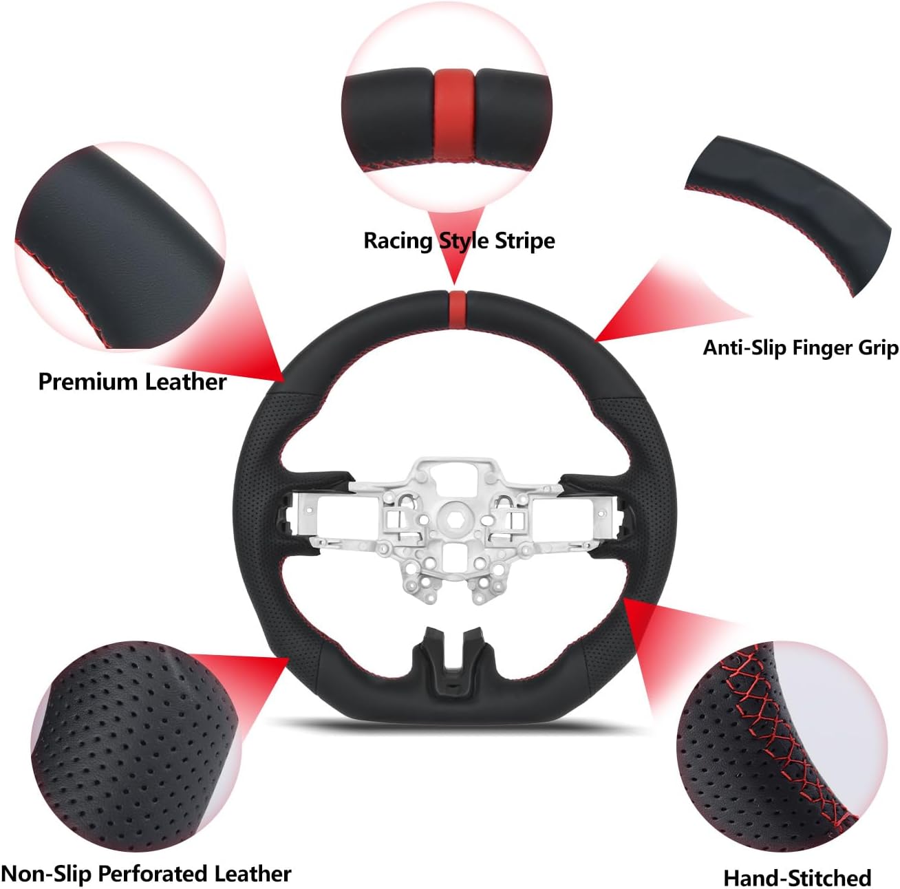 Full Leather Steering Wheel For Ford Mustang 2018-2023, Premium Leather (Smooth & Perforated) with Red Stitching, Flat Bottom Sport Replacement, Fits S550 Facelift GT EcoBoost GT500, Non-Heated
