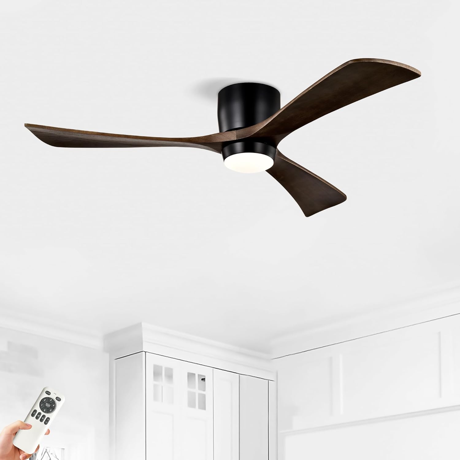 52" Ceiling Fan with Lights Remote Control,Quiet DC Motor 3 Blade Ceiling Fans 6 Speed Levels,Reversible Ceiling Fan, for Patio Living Room, Bedroom, Office,Indoor.(Matte Black +Black Walnut)