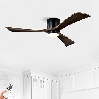 52 Inch Ceiling Fan with Light, Black Low Profile Ceiling Fan with Remote Control, Smart Flush Mount Celling Fans for Bedroom Living Room, Outdoor Ceiling Fans for Patios, 6 Speeds Black, Ceiling