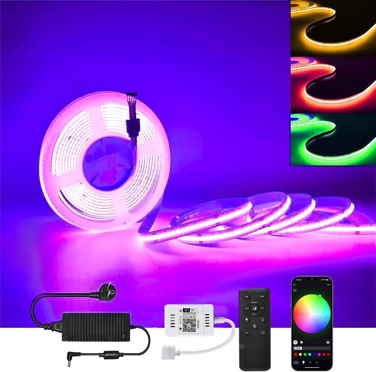Striscia LED COB da 5 m, striscia LED RGBW 24 V, WIFI LED Band con telecomando, dimmerabile, RGB + bianco caldo, striscia LED RGBW per mobili da cucina, armadi di stoccaggio e decorazioni