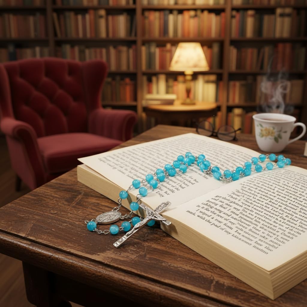 Nazareth Store Catholic Rosary Necklace Blue Cat Eye Stone Prayer Beads with Silver Crucifix 5 Decade Rosary for Daily Meditation or Gift - Image 7