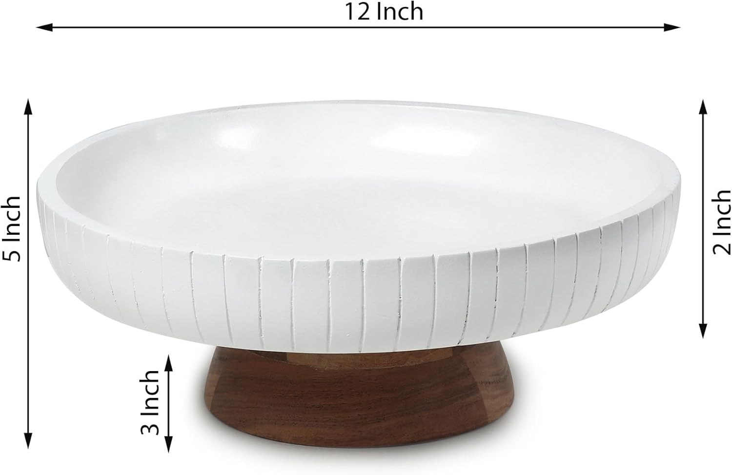 wooden fruit bowl with pedestal | 12" wide and 5" high | Pedestal made of sturdy acacia wood with natural finish |(White Glossy) - Image 3