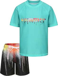 Boys Rash Guard Swimsuits Set for Boys Short Sleeve Swim Shirts with Trunks 2 Piece Quick Dry Swim Set