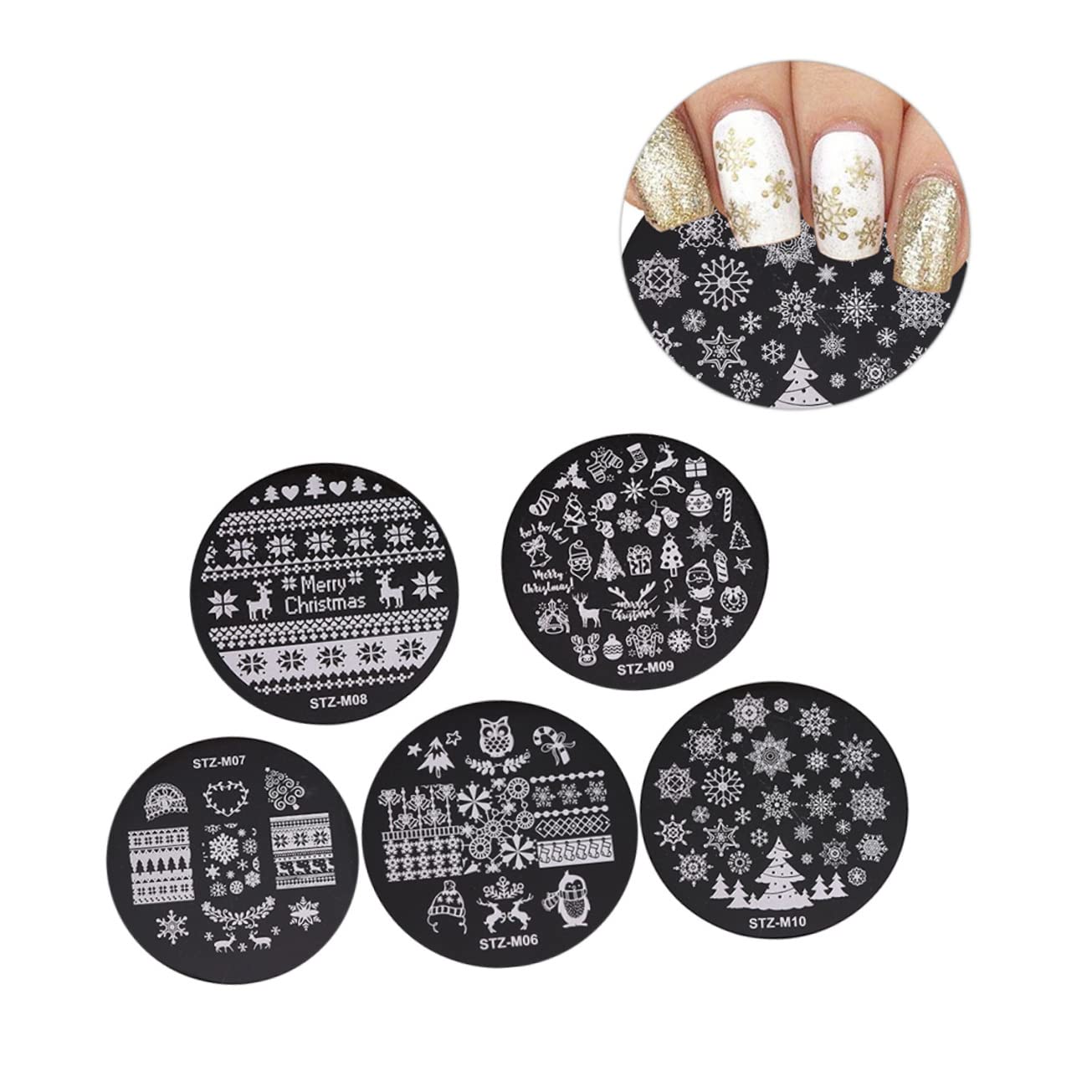 POPETPOP 5pezzi Stampo Per Unghie Natalizio Piastra Rotonda Per Stamping Nail Art Kit Stencil Per Unghie Design Elegante in Metallo Lucido