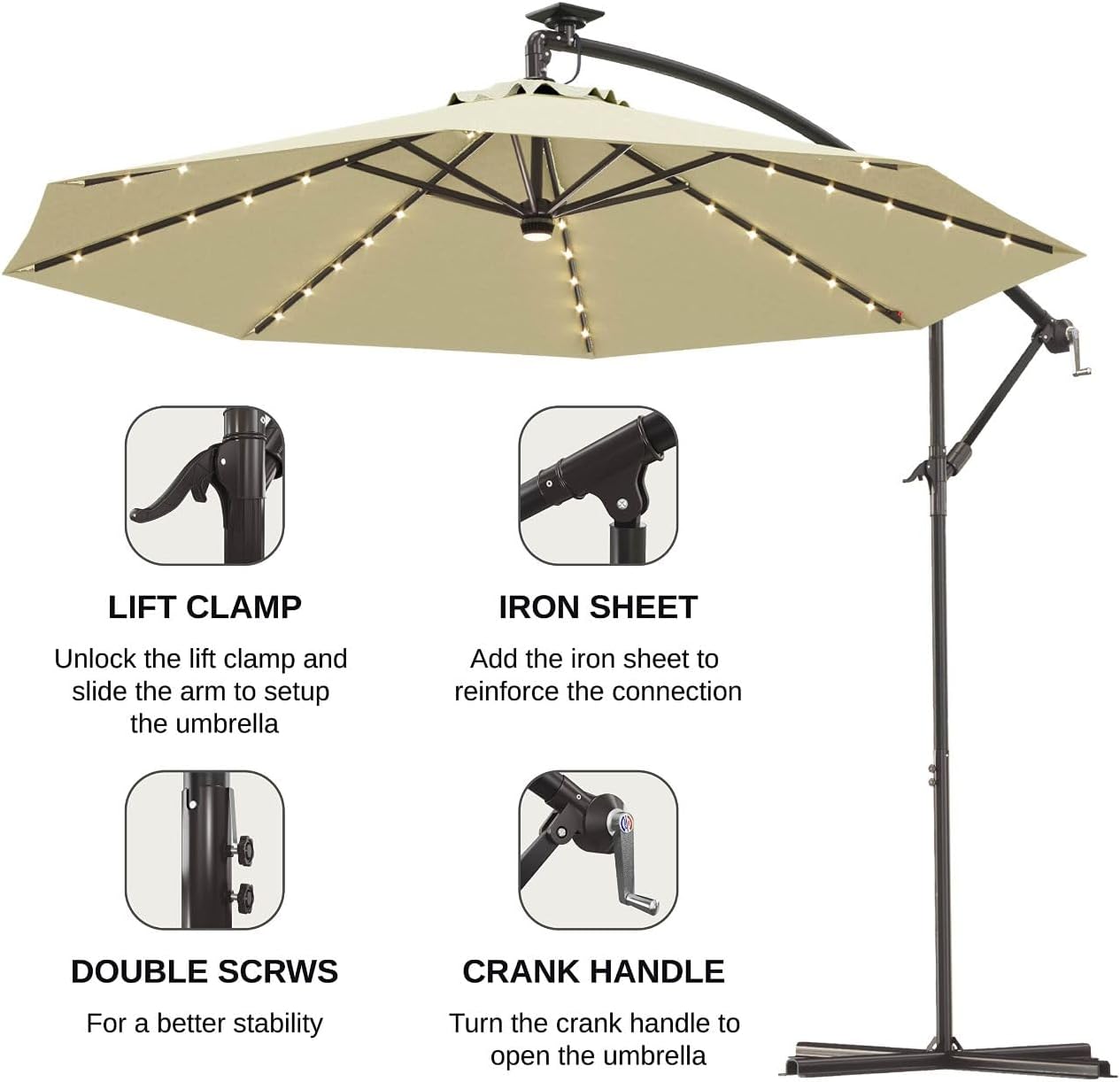 East Oak Offset Patio Umbrella, 10ft Hanging Cantilever Outdoor Umbrellas with 40 Solar Lights,8 Ribs,Waterproof UV 30+ Protection and Fade Resistant Outdoor Umbrella, Beige