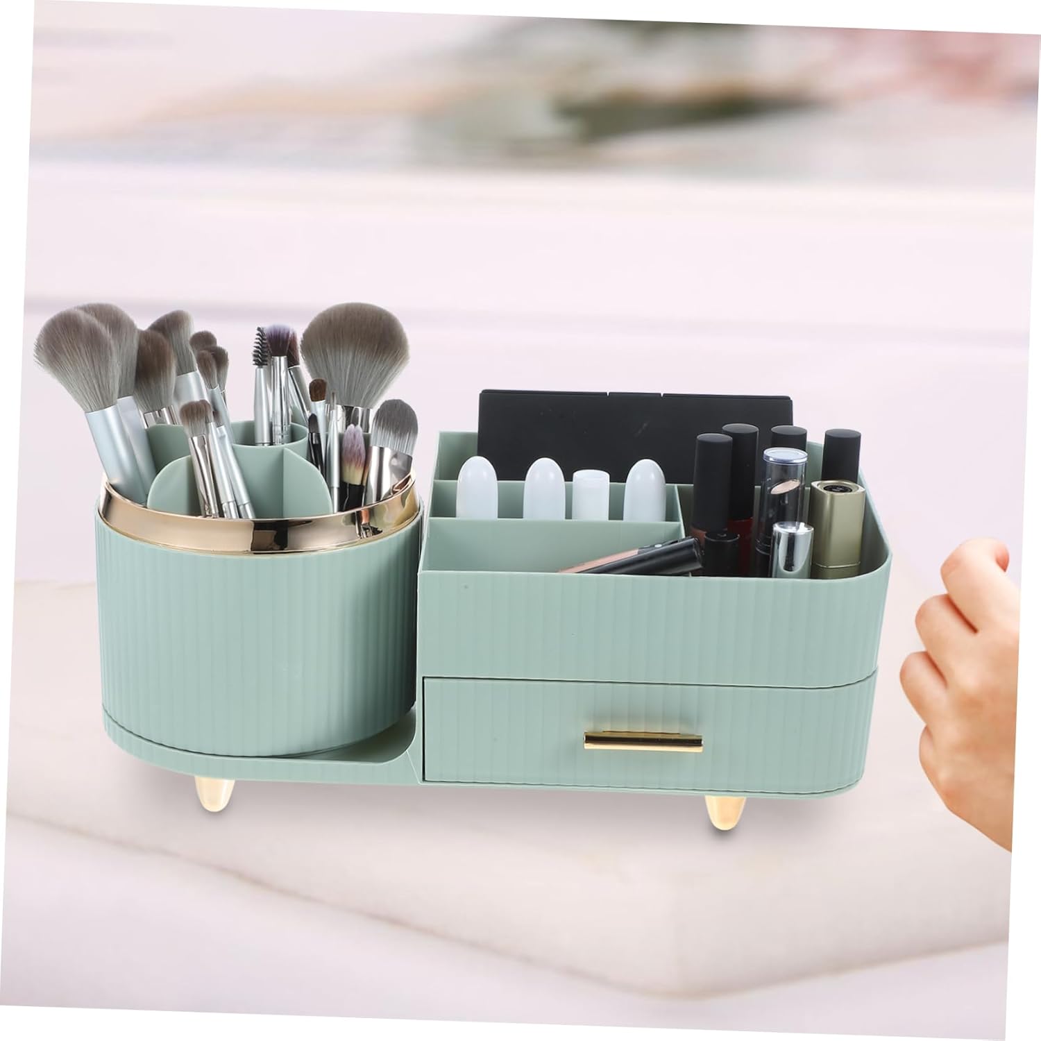 Cabilock Rotating Makeup Brush Organizer Design Large Capacity Cosmetic Display Case for Home Office and School Use Light Green