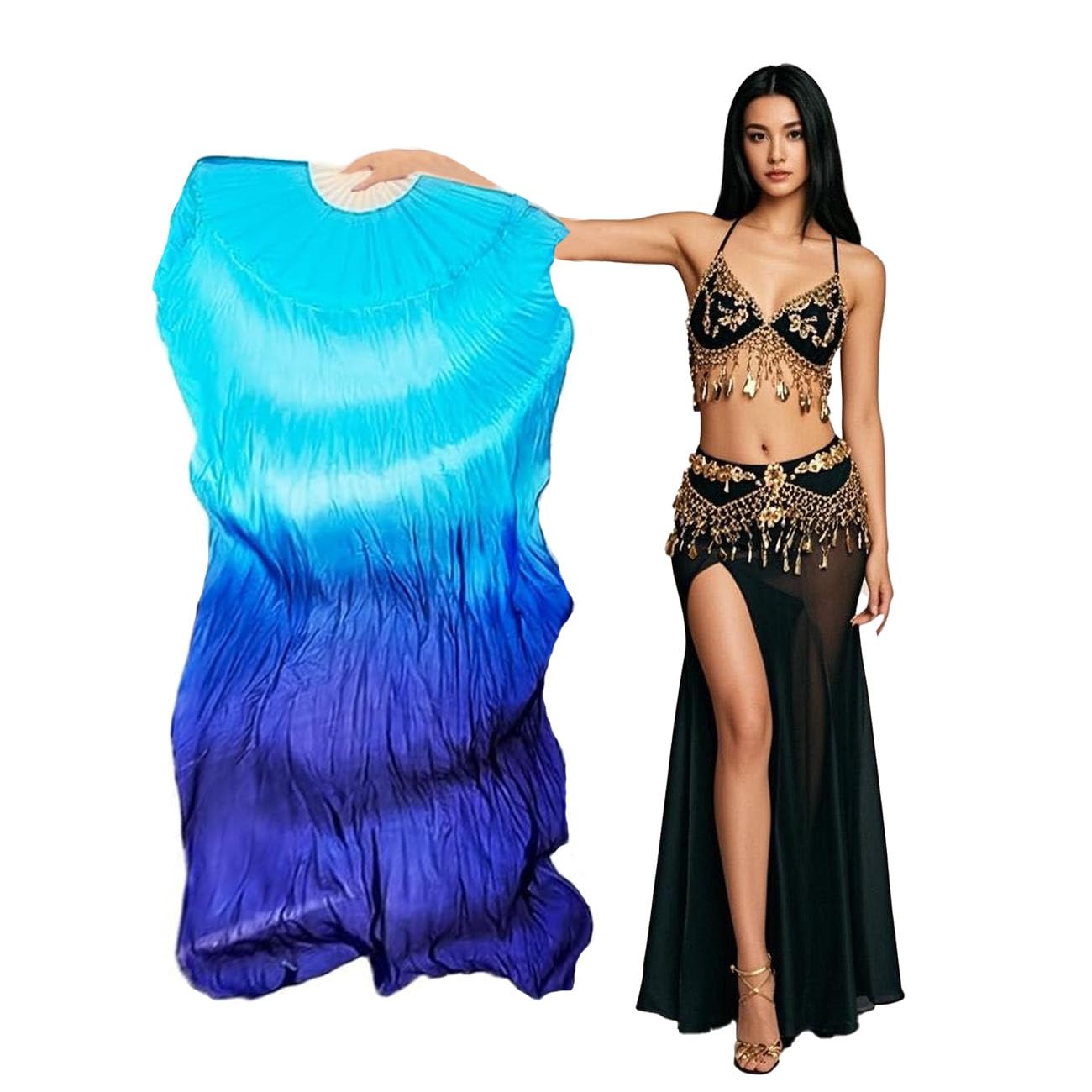 Aumulen Women 1 Piece Hand-made Real Silk Long Belly Dance Fan Veils(Right Hand Only)