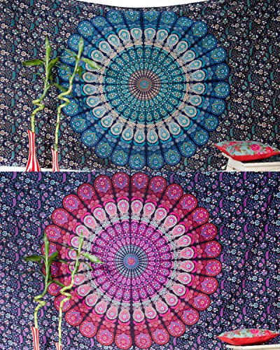 Folkulture Set of 2 Boho Wall Tapestry or Bohemian Mandala Tapestry Wall Hanging, Hippie Indian Beach Blanket or Mandala Tablecloth, Large Yoga Mat for Meditation - Twin Size, 55x85, Blue and Pink