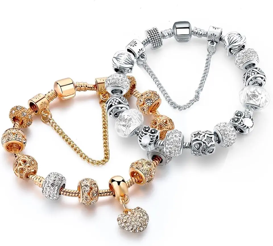 Conjunto Feminino com 2 Pulseiras com Berloques ¨Cordis¨ - Banhadas a Ouro 18K e Prata 925 – Zircônias, Estilo Moderno e Versátil – Acompanha Bolsa de Veludo