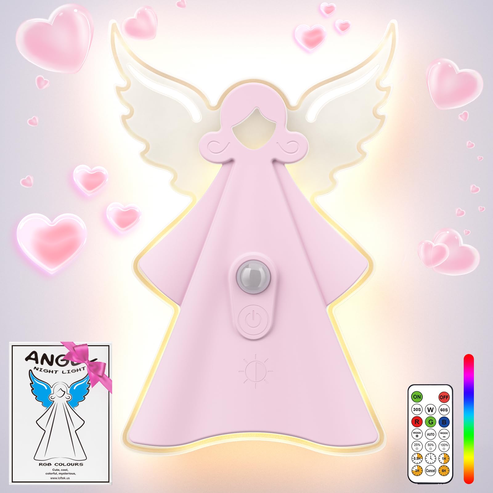 LOFTEK Motion Sensor Night Light, Rechargeable Night Lights with Remote &amp;Timer, Battery Operated Wall Sconce, 18 Color Changing LED Angel Light for Stairs, Kitchen, Hallway, Kid's Bedroom Decor, Gift