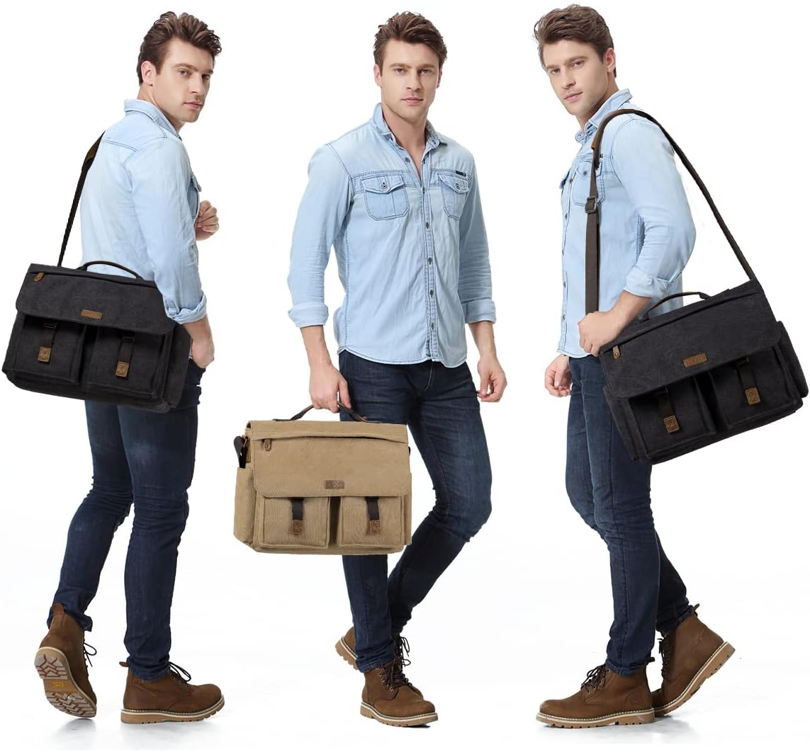 Messenger Bag for Men,VASCHY Vintage Water Resistant Canvas Satchel 14 15.6 17inch Laptop Briefcase - Image 2