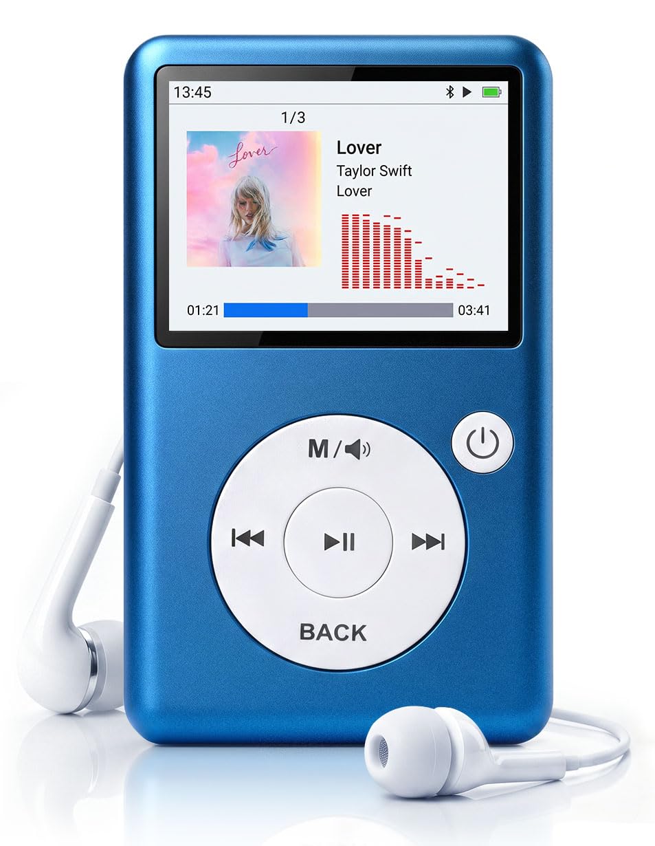 MP3 Player Bluetooth 5.3, HiFi verlustfreier Sound, Click-Rad tragbarer Musikplayer für Kinder und Erwachsene, FM Radio, Sprachrekorder, Video, 8GB intern erweiterbar auf 128GB, 16h Akku (Blau)