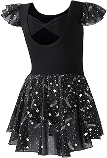 DIPUG Collant de balé para meninas, collant de dança, saias brilhantes, manga com babados e laço nas costas, manga curta, preto tamanho 6-8 M, Preto, 6-8 Anos