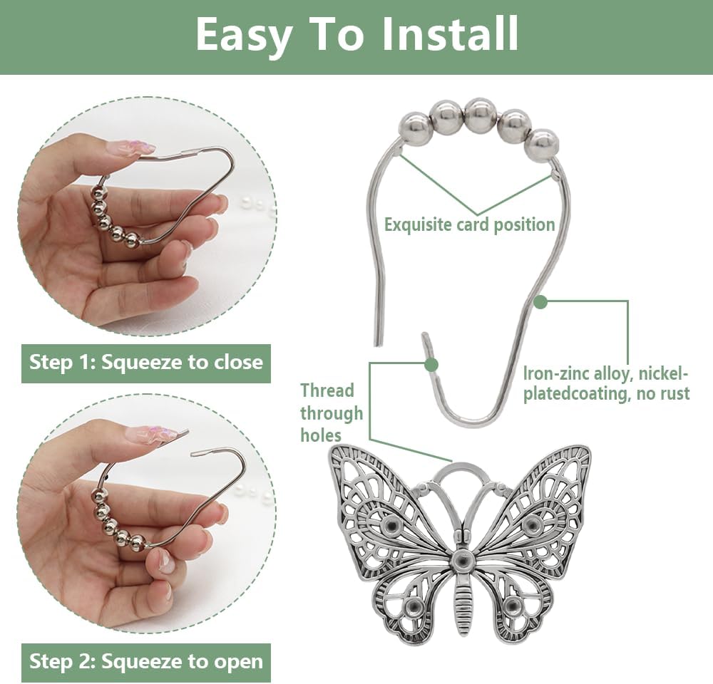 Decorative Shower Curtain Hooks,12PCS Butterfly Curtain Hooks Shower Ring,Rustproof Shower Curtain Hanger Clips, Shower Hook Ring for Shower Curtain Rod,Bathroom Decoration Accessories,Silver image 5