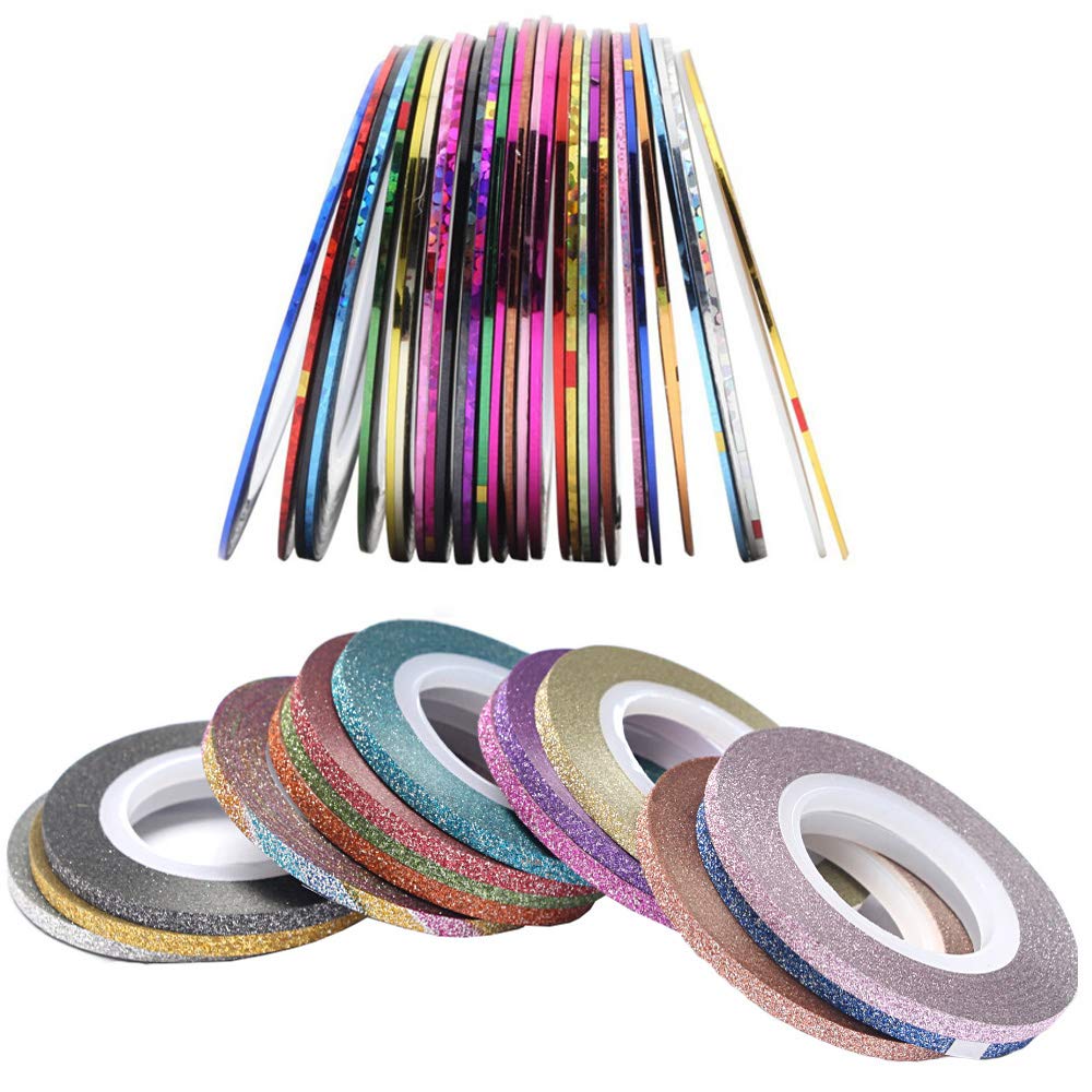 32 Rouleaux de Couleurs Mélangées Nail,Ruban Autocollants à Ongles de Conception de Bricolage, Accessoires D'outils à Ongles en fil d'or et D'argent