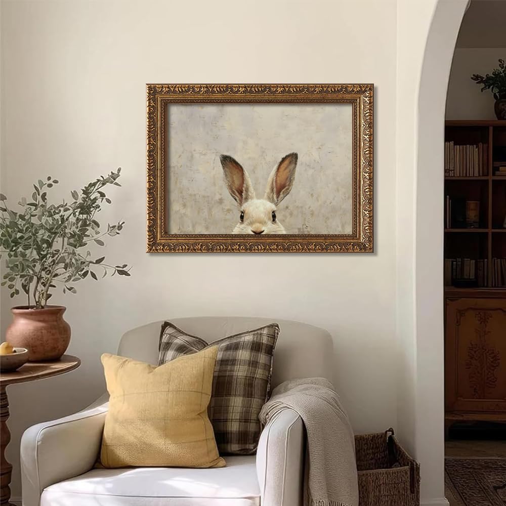 Gold Framed Easter Vintage Aesthetics Wall Art Cute White Rabbit Poster For Religion Believers Room Decor-Christianity Print Picture For Church Decor