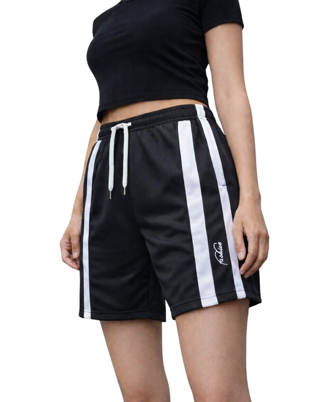 Women’s Sports Shorts with Dual White Stripes | Quick-Dry Gym & Running Shorts | Elastic Waist with Drawstring | Regular Fit Activewear-image-2