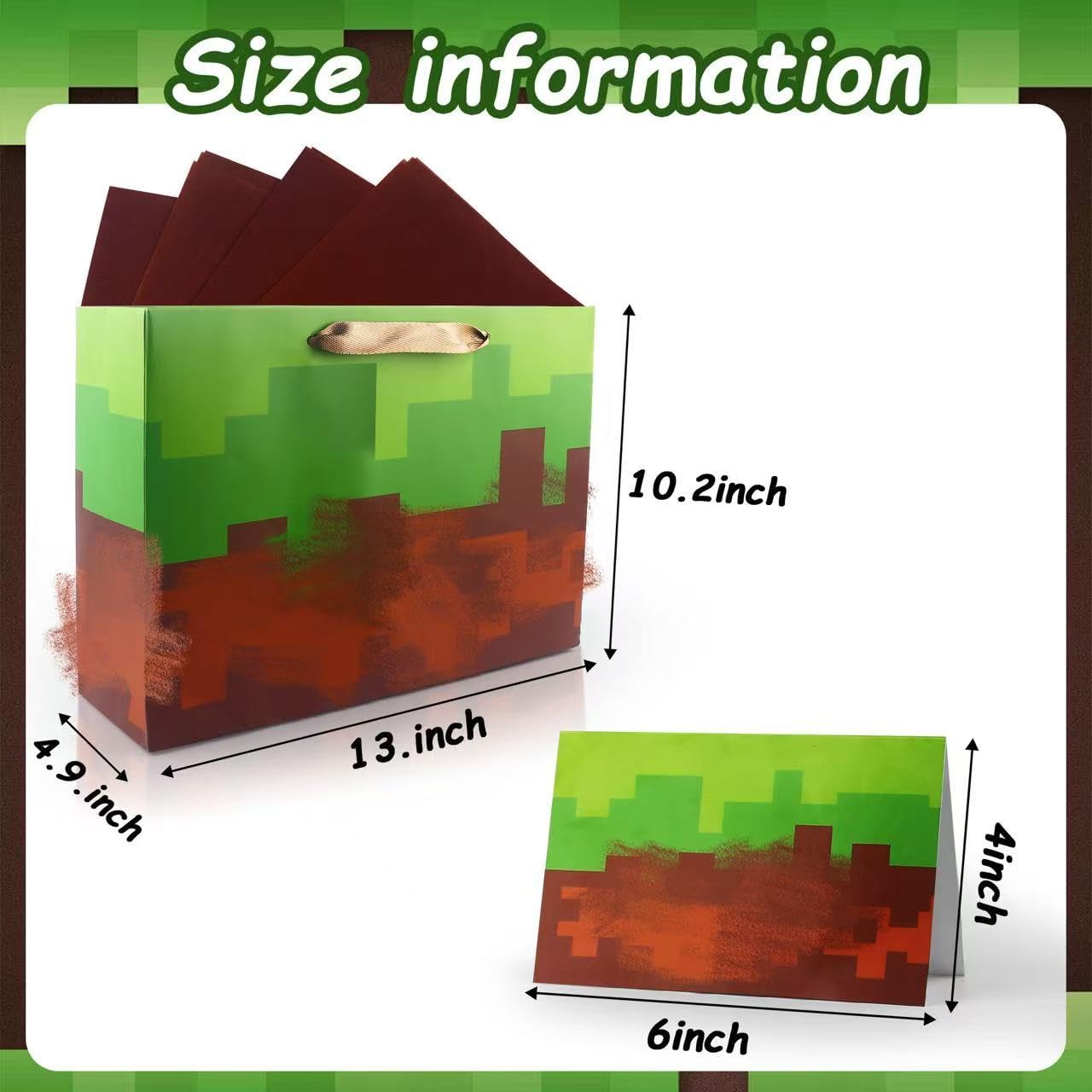 Jadsmpi 13" Large Pixel Gift Bags with Cards Tissue Paper,Green Wrapping Bag,Decoration Party for Boys Girls Kids Game Theme Birthday Gift Christmas Supplies