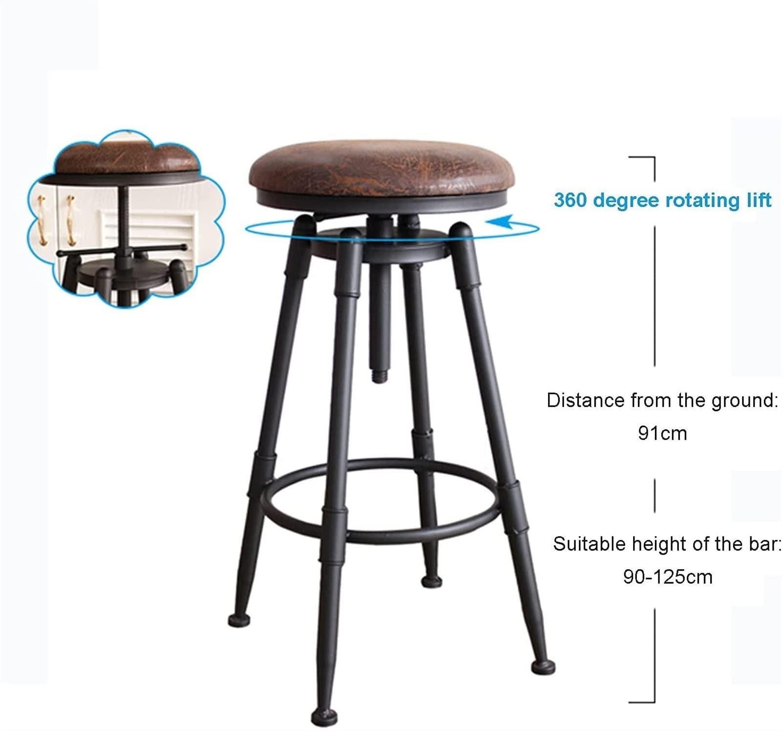 Industrial Vintage Bar Stool, Kitchen Island Seat, PU Counter