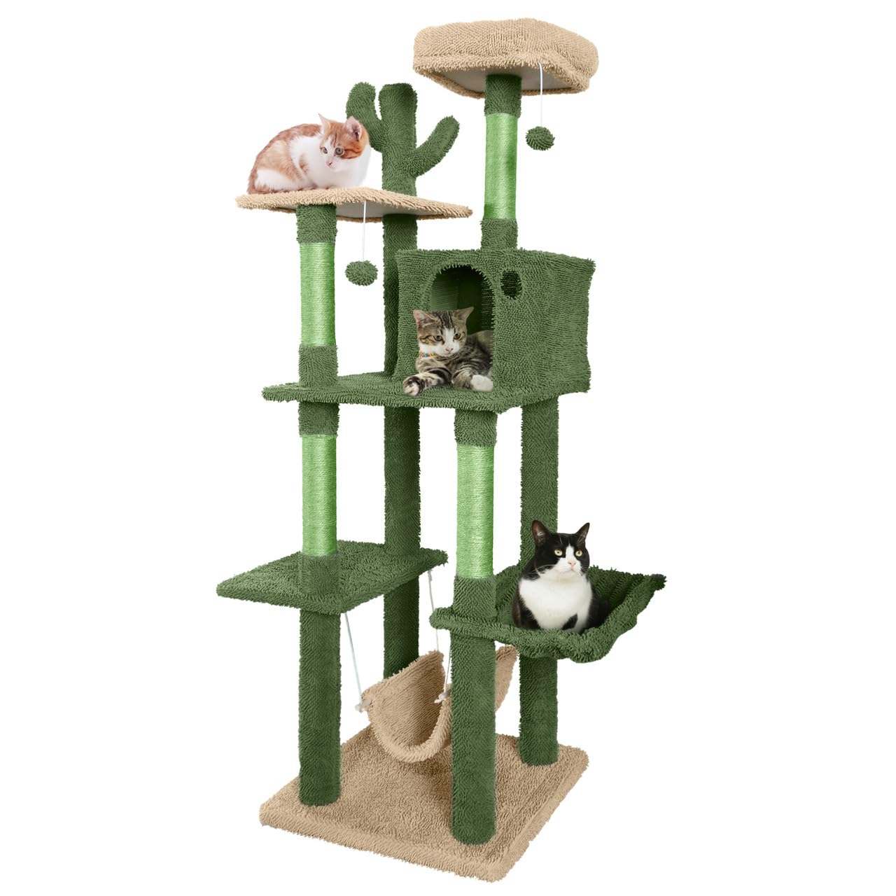 CAPHAUS Cactus Cat Tree for Indoor Cats, Cute 70-Inch Cat Climbing Play Tower with Top Perch for Large Cats Kittens, Multi-Level Cat Activity Tree with Scratching Posts, Hammock, Cat Cave Condo