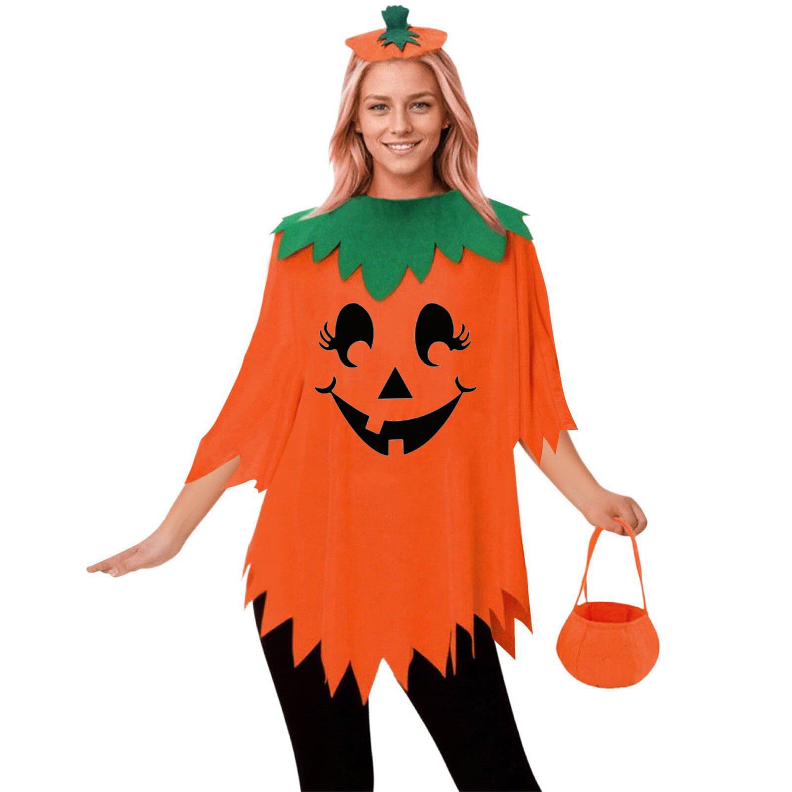 Halloween Costumes for Women Adult, 3 Pcs Pumpkin Costume Womens, Pumpkin Cape Poncho, Headband and Candy Bag, Ladies Fancy Dress Up Outfit Set, Scary Outfits, Cosplay Accessaries