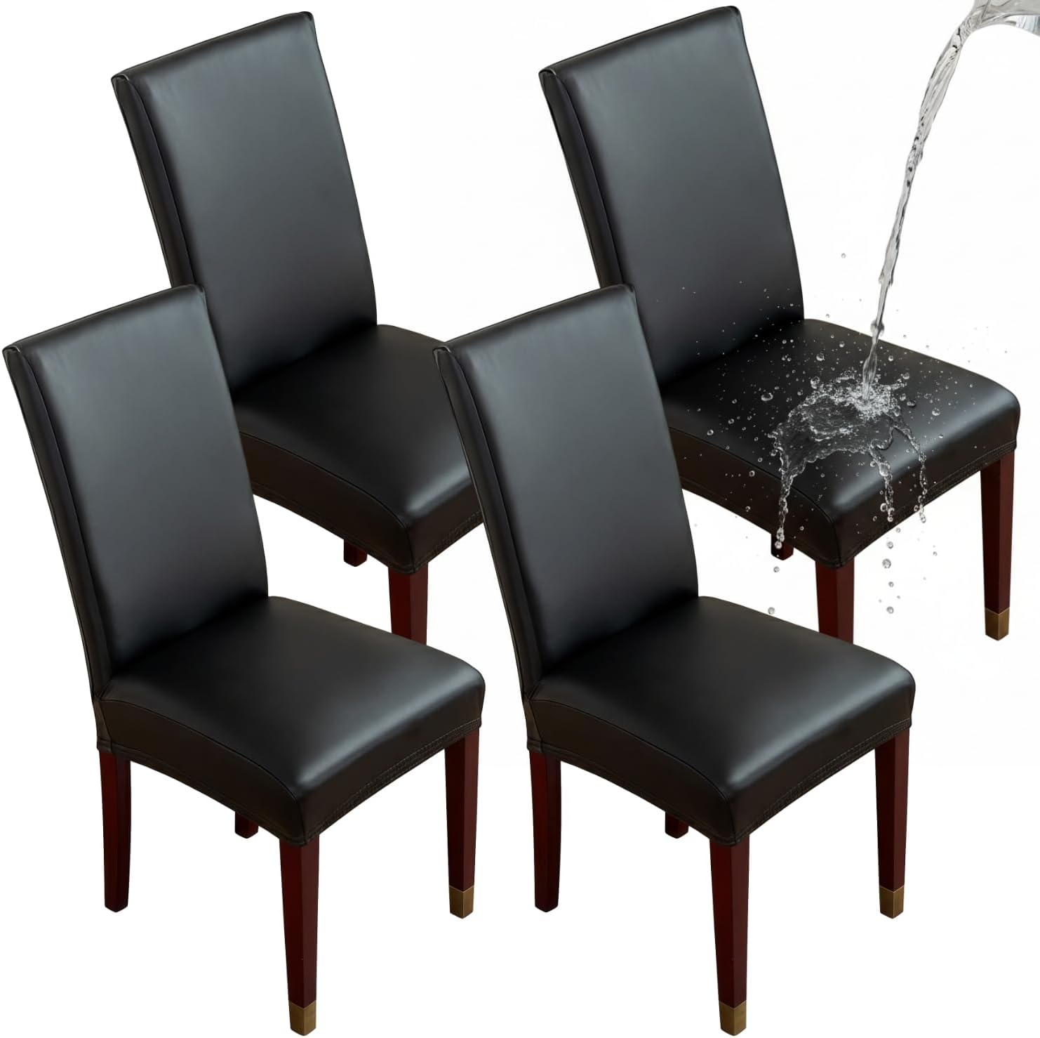 Dining Chair Covers 4 Pcs, Black Pu Leather, Waterproof and Oil-Proof Protector Set, for Home Kitchen Dining Room