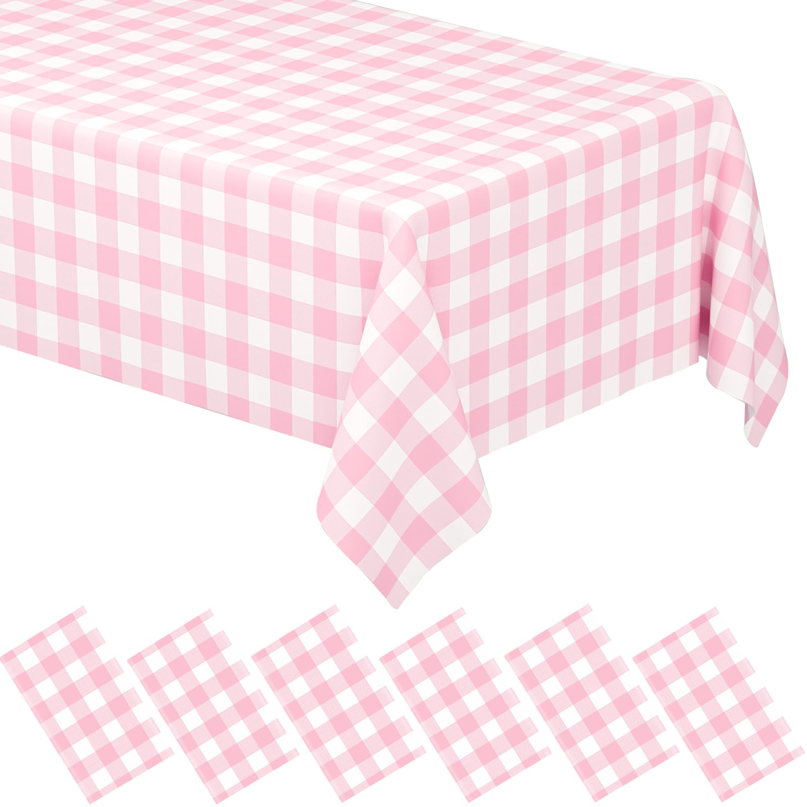 6 Pack Pink Gingham Tablecloth Rectangular Pink and White Checkered Tablecloths Disposable Plastic Pink Plaid Table Cover for Parties, Outdoor Picnic, Birthday, Wedding, Camping 54 × 108 Inch