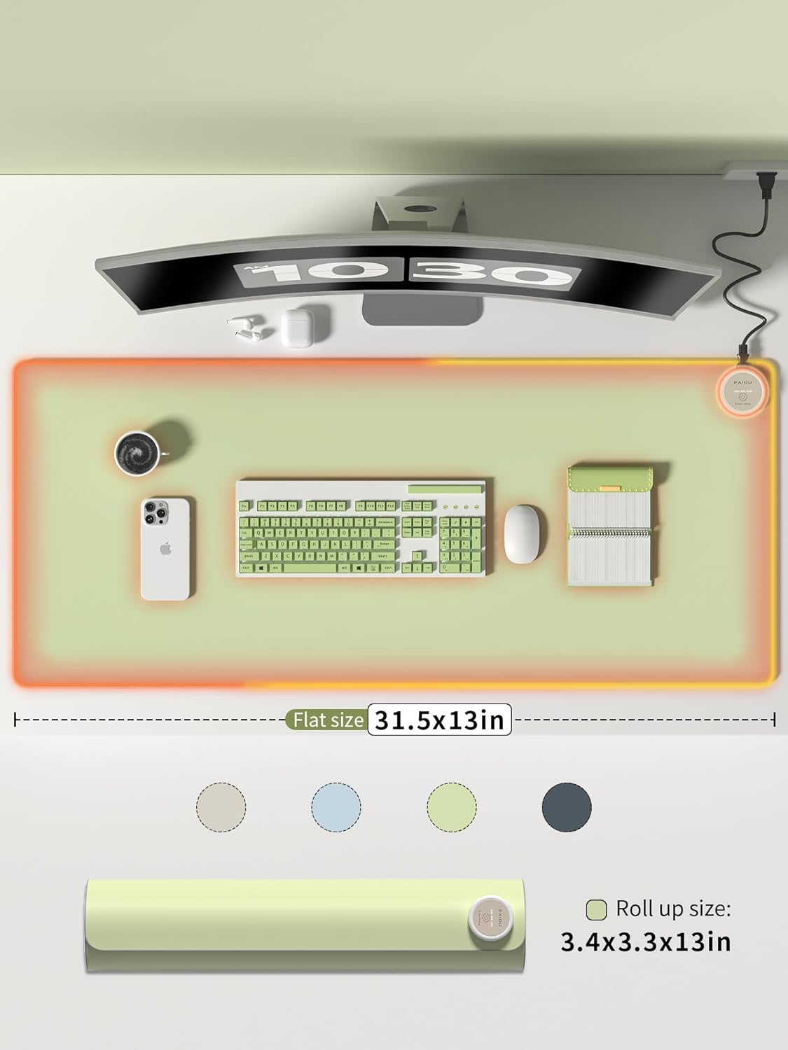 PAIDU Heated Mouse Pad Hand Warmers, Electric Warm Office Desk Mat, 31.5" x 13", 3 Control Levels Temperature 3 Hours Auto Shut-Off, Suitable for Home/Offices Computer Keyboard Pads (Green)