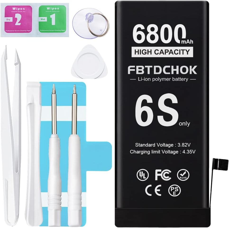 [6800mAh Upgraded Battery for iPhone 6S, High Capacity 0 Cycle A+ Replacement with Complete Repair Tool Kit (6S only)