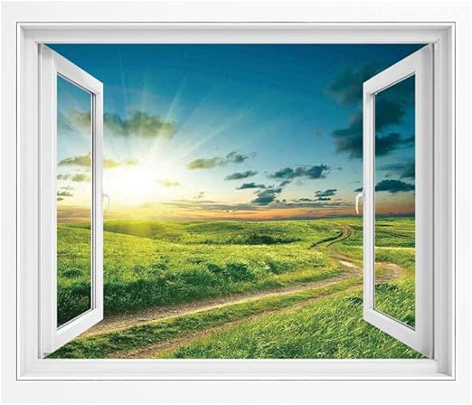 Amazon 自然 偽窓ステッカー 絵画風 Pvc壁紙 100x70 Cm 劇的な田舎道とスカイプリントデコホーム 窓の景色 目の保養 癒し 気分転換 グリーンブルーの鮮やかな夏の風景 ウォールステッカー オンライン通販