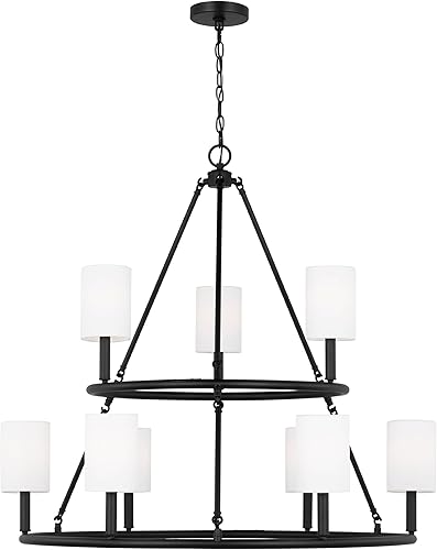 Scott Living Egmont - Candelabro tradicional de 9 luces regulable para interiores en acabado negro medianoche con pantallas de tela de lino blanco