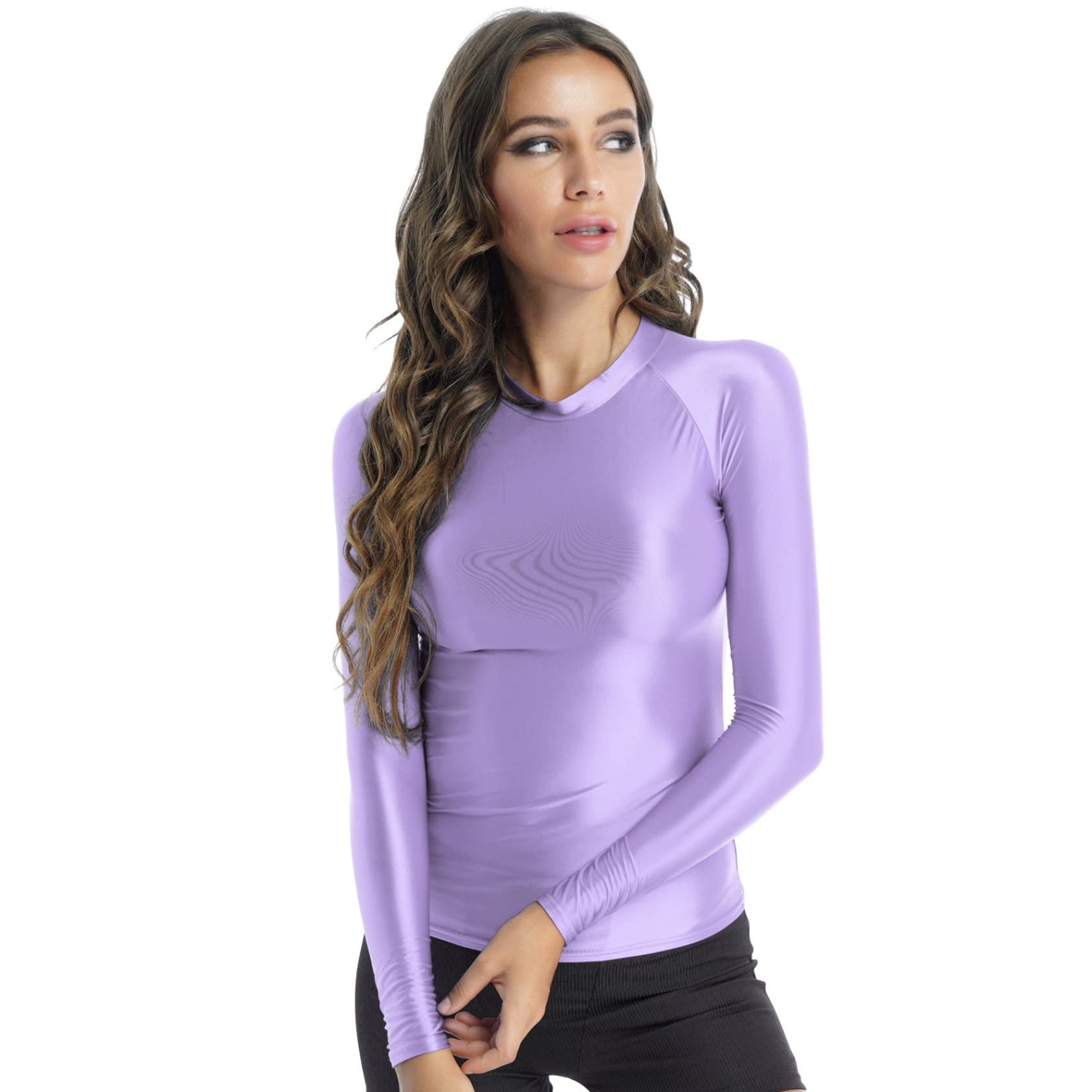 Daenrui Women's Glossy Silky Long Sleeves Gym Shirts Top Casual Compression Workout Yoga Tops Lavender Medium