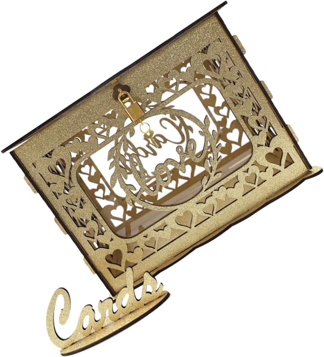 Wooden Hollow Wedding Reception Card Box Glitter Portable Greeting Card Container for Anniversary Birthday Valentine’s Day Decoration