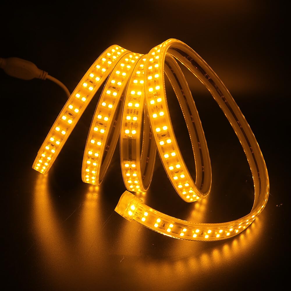 Tira LED de doble fila 220V [50M, Amarillo], IP67 impermeable flexible, SMD2835, 180 LEDs/m Guirnaldas luminosas cortable CRI85+, iluminación decorativa para hogar/comercios