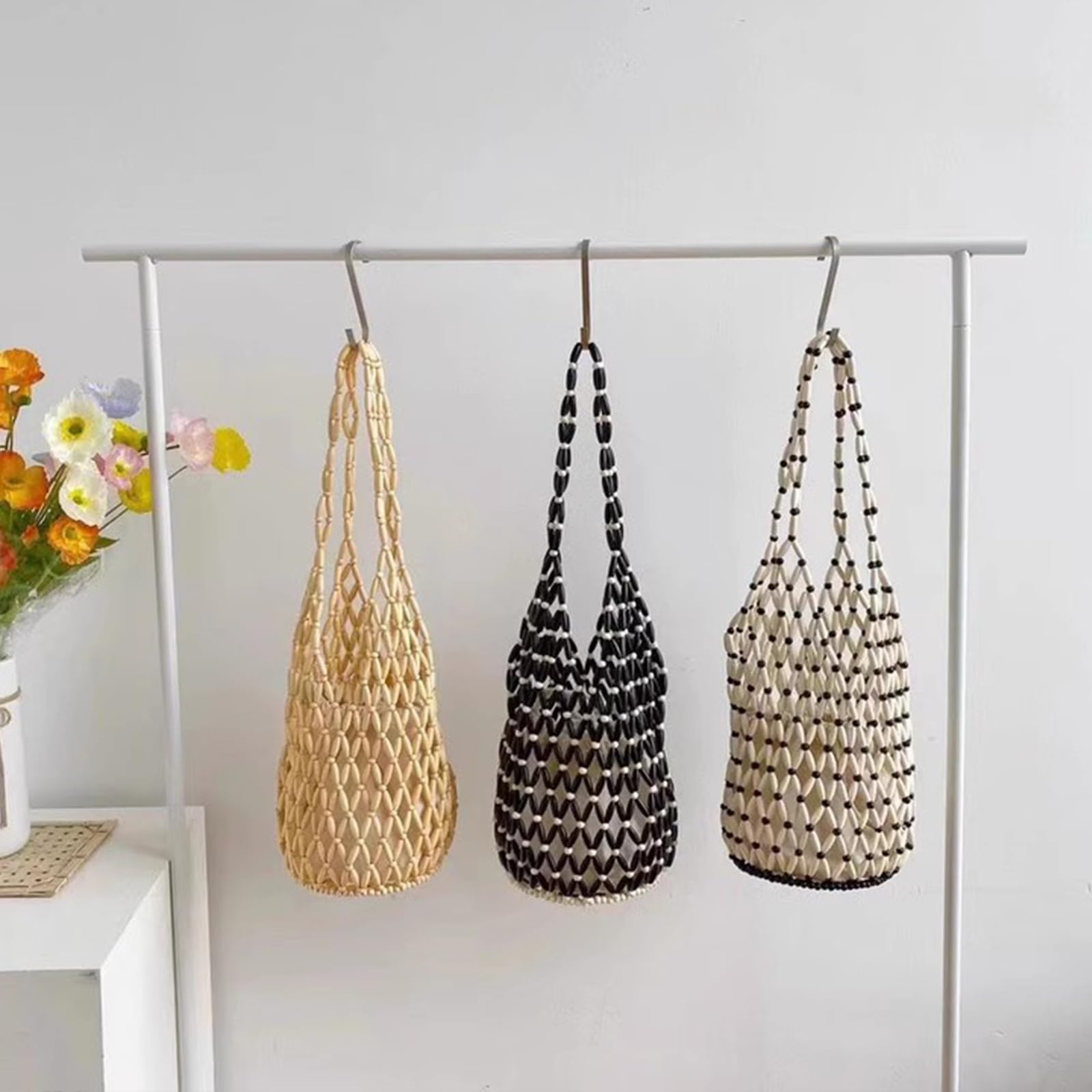 Tejidos a Mano para Mujer Madera Abalorios Bolsa de Cubo Tejido Bolsos de Playa Calado Bolso de Mano Bolso Tote para Estilo Boho Bolsos de Verano para Vacaciones Fiesta Citas Marrón