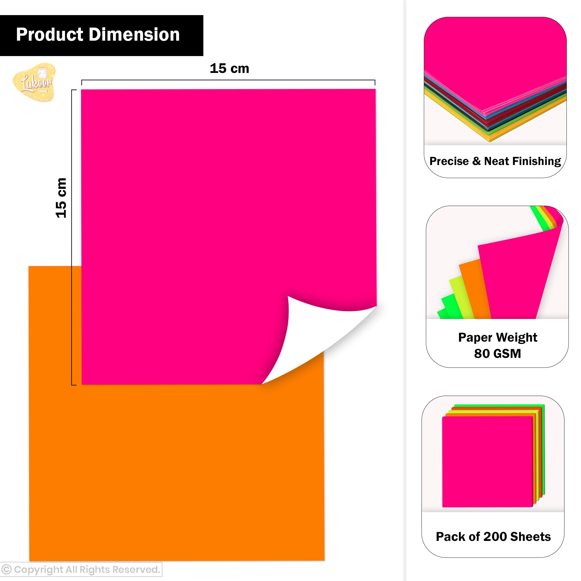 Lakeer Origami Paper 15 cm X 15 cm Pack of 200 Sheets Fluorescent Color Single Side Coloured For Origami, Scrapbooking, Hobby Crafts, Project Work, etc 1
