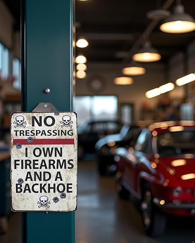 Miniatura 3 de SUMIK Letrero de metal con texto en inglés No Trespassing I own de armas de fuego y una retroexcavadora, póster de arte vintage, para garaje,