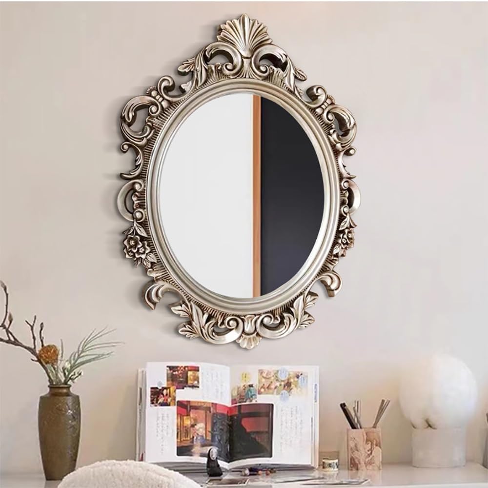 SXFSDOU Oval Mirror Baroque Style, Antique Gold for Living Room, Ornate Wall Mirror, Vintage Decor PU Framed Bathroom 54 * 75cm/21 30in(Silver,54 30in)