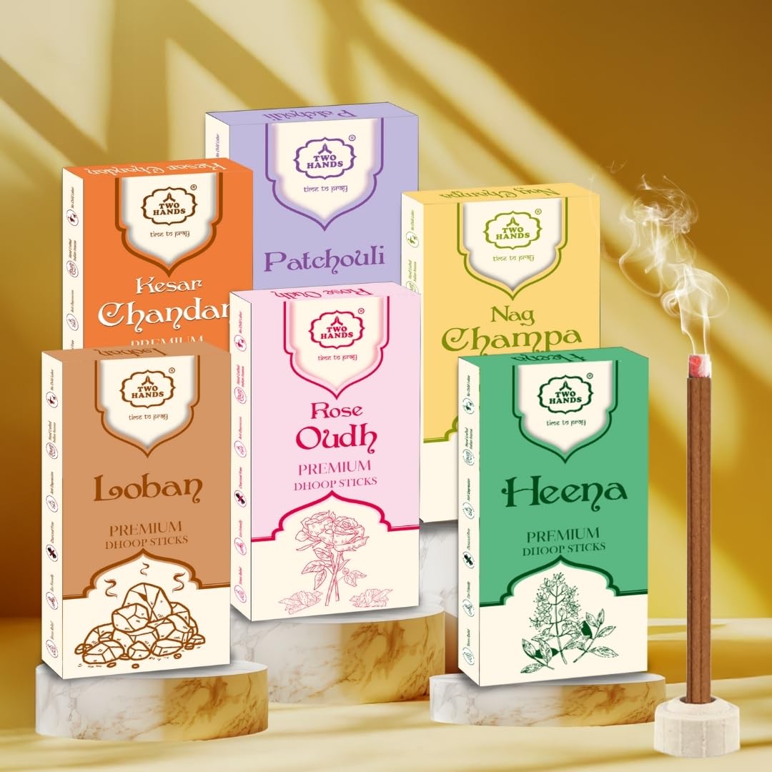 TwoHands Bamboo-Less Dhoop Sticks Combo Pack | 6 Fragrances (120 Sticks) – Rose, Nag Champa, Chandan, Loban, Heena, Patchouli | Long Lasting Puja Incense for Home & Office | Free Dhoop Holder