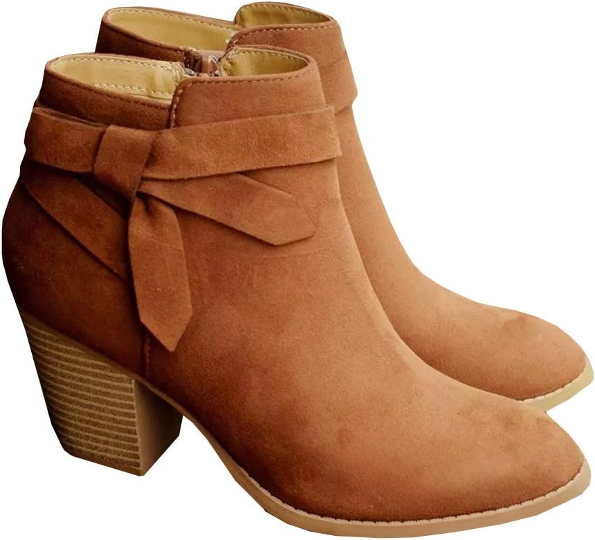 PiePieBuy Women's Tie Knot Chelsea Pump Ankle Boots Closed Toe Stacked Heel Booties Shoes