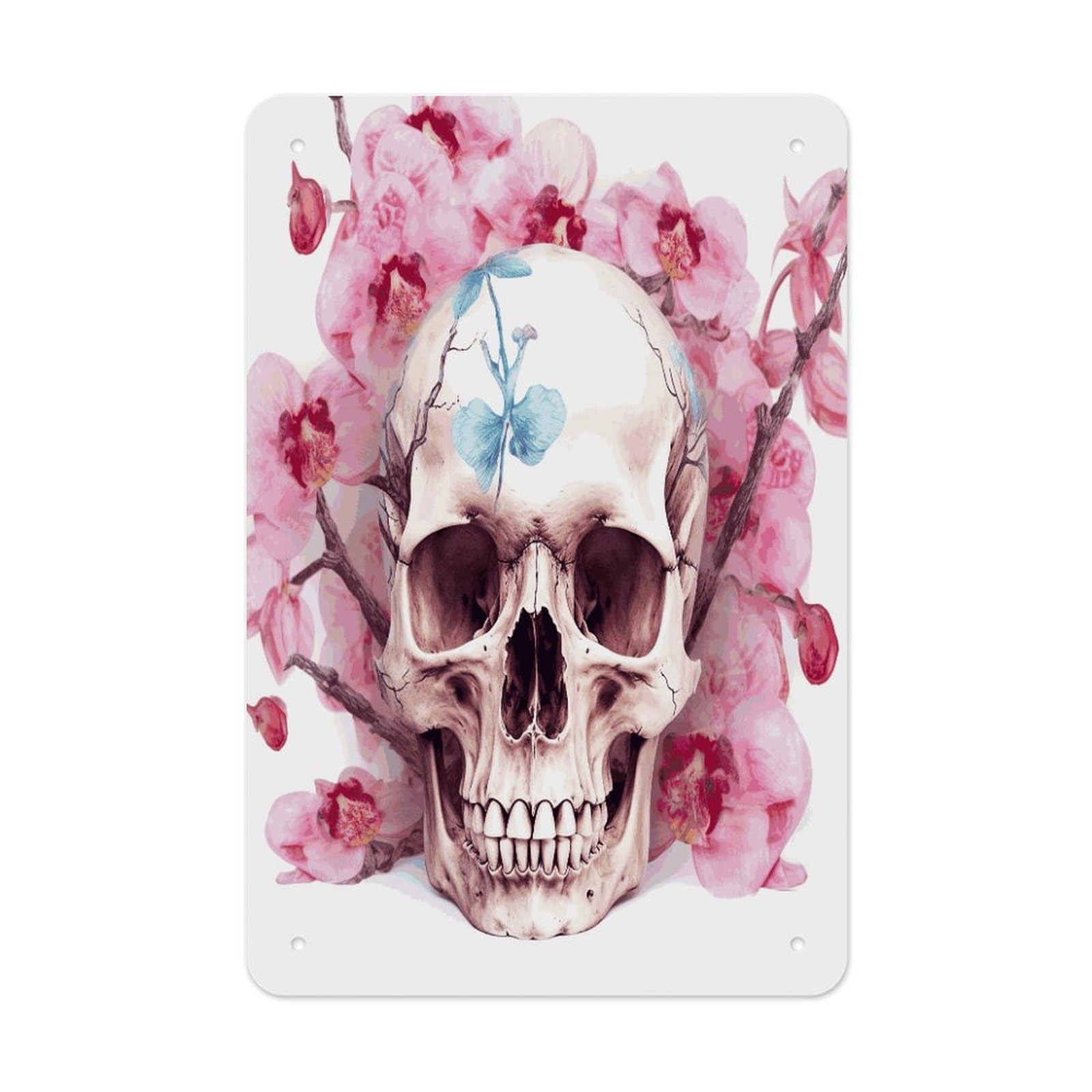 Btcowzrv Style Human Skull Pink Flowers Metal Tin Sign Wall Decor Hanging Plaque